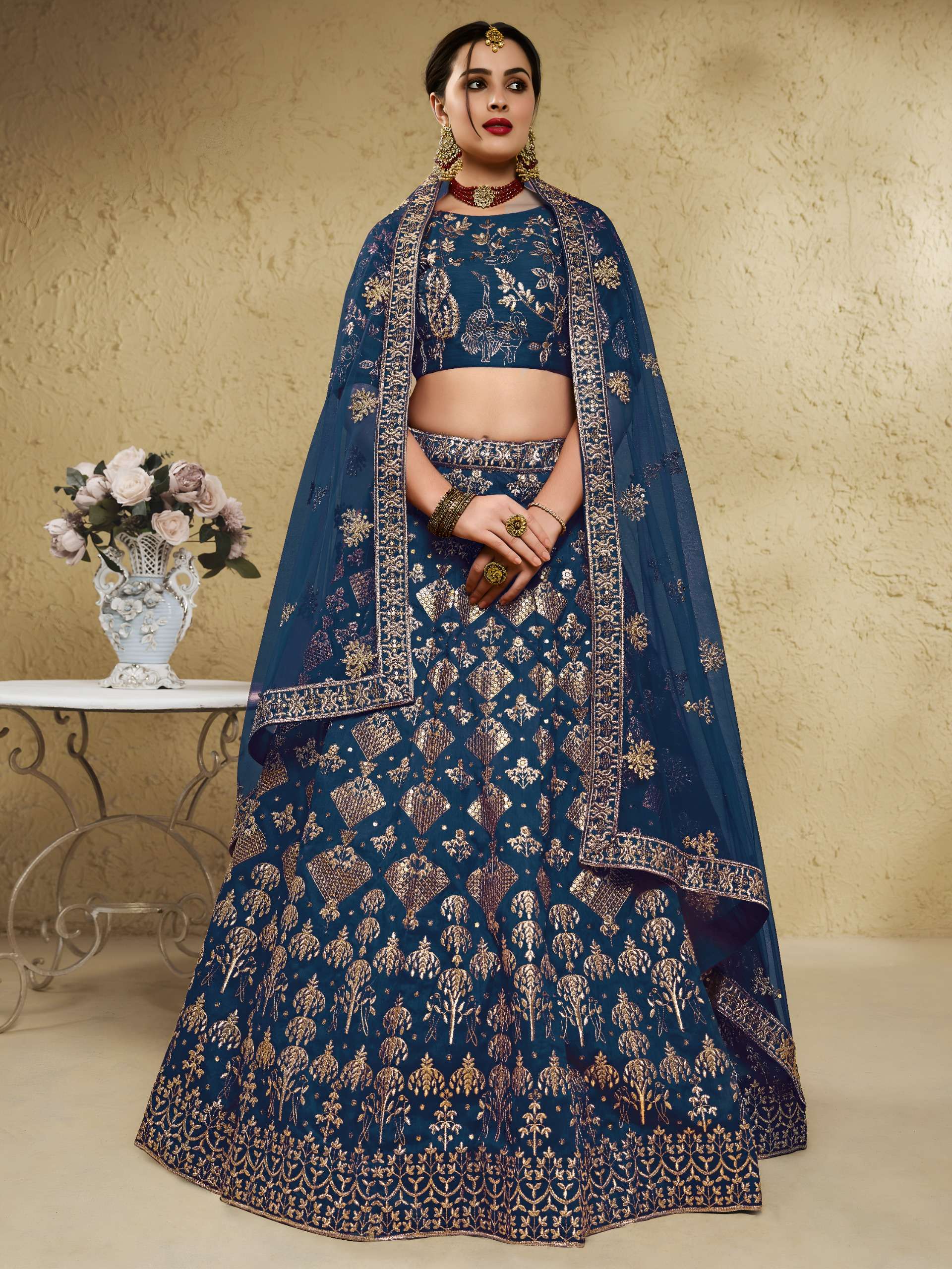 Royal Teal Blue colour with beautiful Art Silk Heritage fabric and Embroidered Lehenga choli reseller in surat 7055 Blue